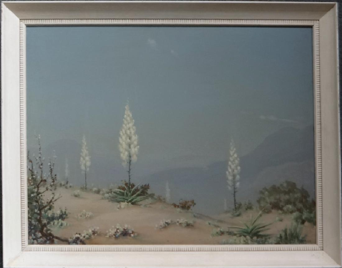 O/MASONITE "DESERT LANDSCAPE" SGND F.M. MOORE: O/MASONITE "DESERT LANDSCAPE" SGND F.M. MOORE (FRANK MONTAGUE MOORE) 20" X 26"