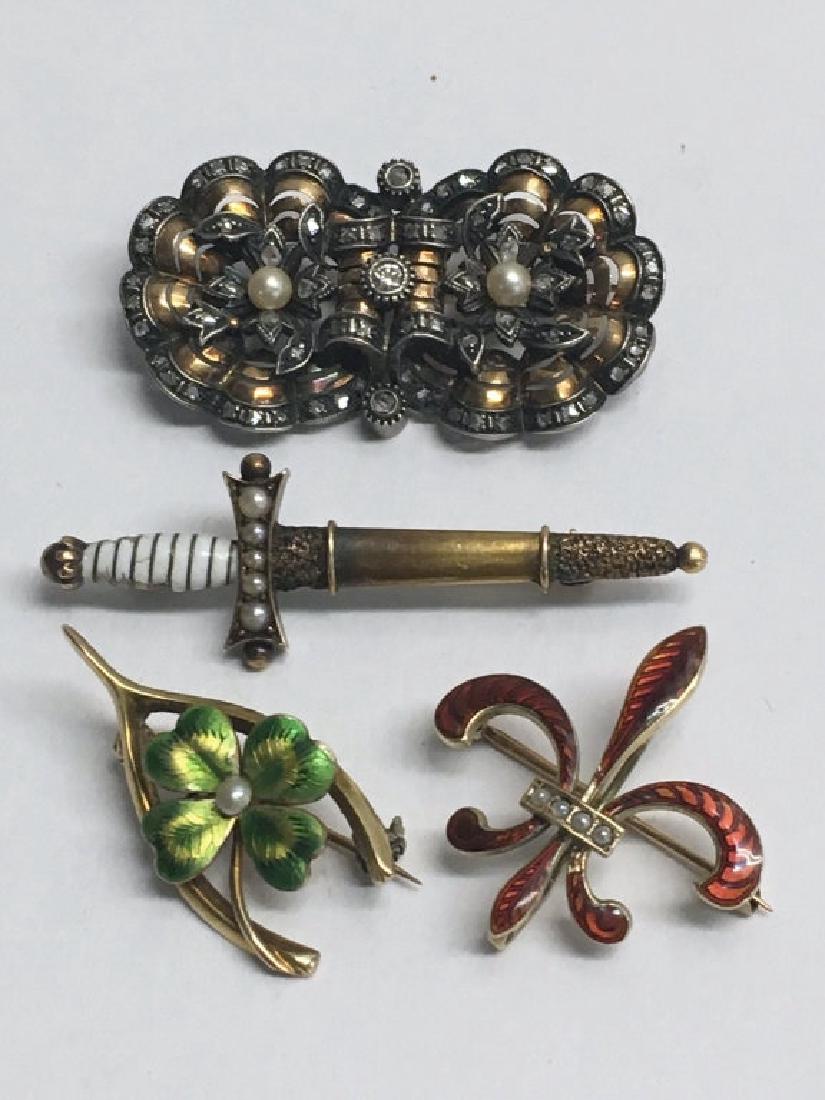4 ENAMEL DECORATED EDWARDIAN PINS: 4 ENAMEL DECORATED EDWARDIAN PINS GOLD WISHBONE & CLOVER, SWORD W/ ENAMEL & PEARLS, ENAMEL & PEARL FLUER DE LEIS & EDWARDIAN RIBBON CLUSTER PIN W/ DIAMONDS