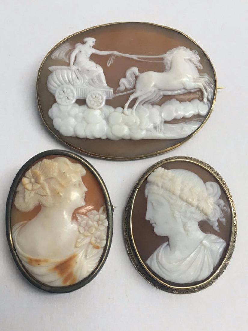 3 SHELL CARVED CAMEOS, 1 SCENIC IN 18K FRAME, (1 of 9)