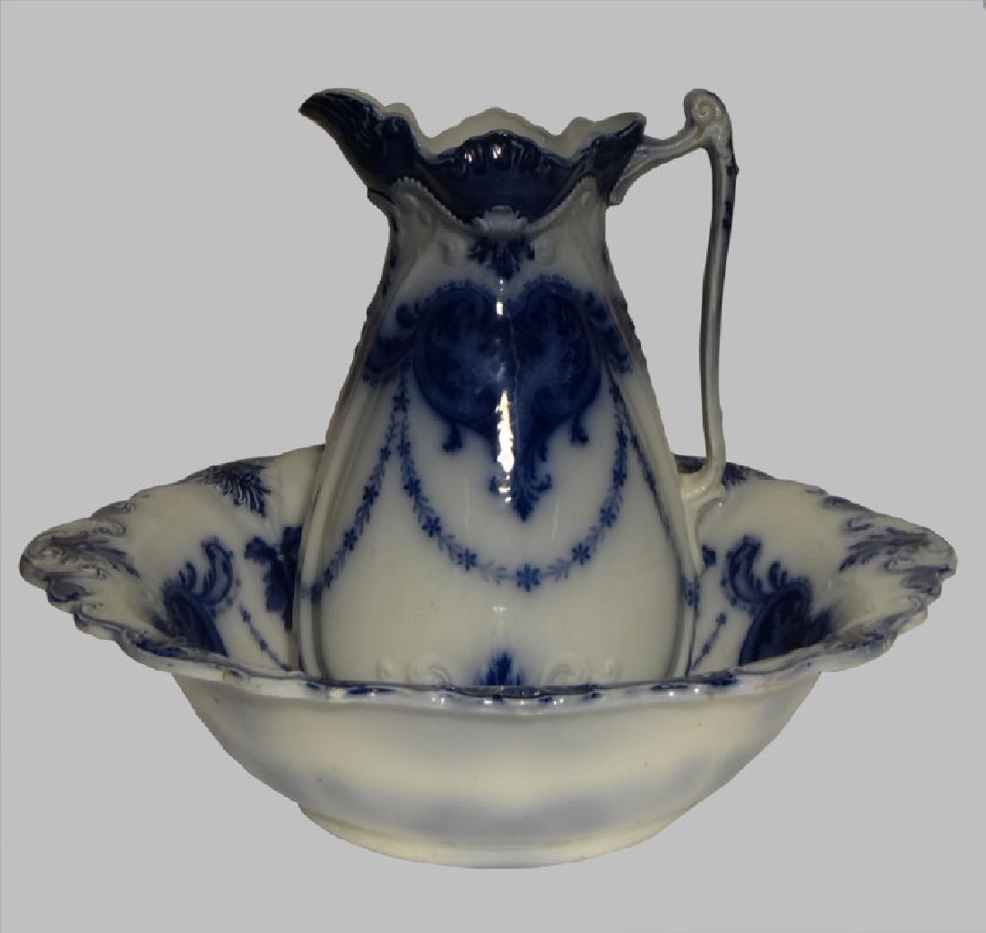 FLOW BLUE PITCHER & BOWL (1 of 8)