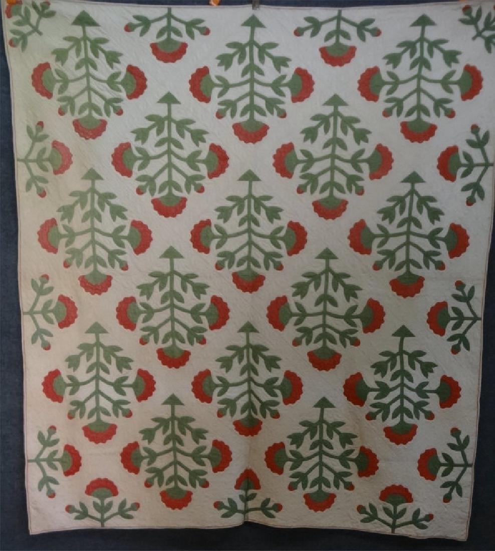 19THC. APPLIQUED RED & WHITE QUILT, FLORAL , NYS (1 of 6)