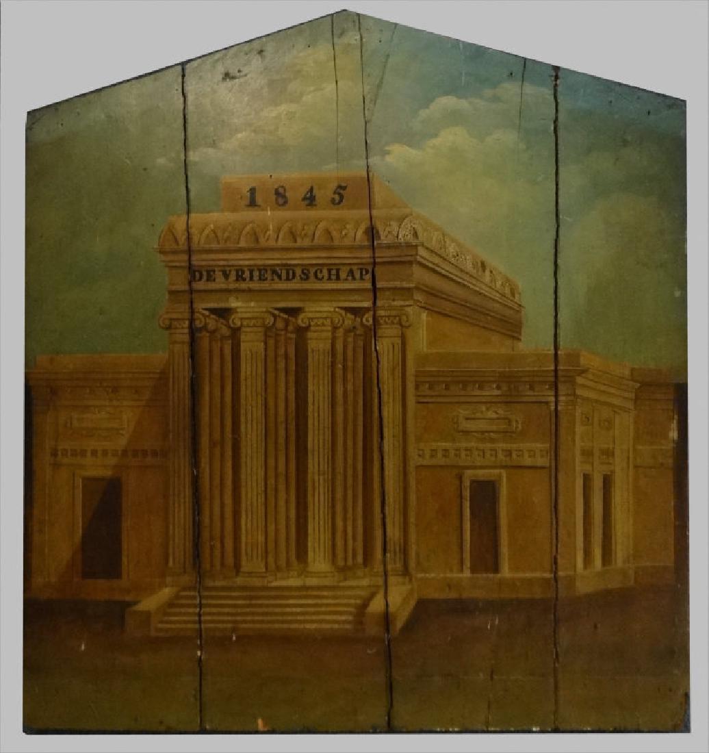 DUTCH FIREBOARD W/ CLASSICAL BUILDING DATED 1845: DUTCH FIREBOARD W/ CLASSICAL BUILDING DATED 1845 32" X 30"