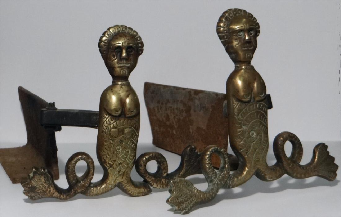 UNUSUAL PR OF CAST BRASS MERMAID FIGURAL ANDIRONS (1 of 6)