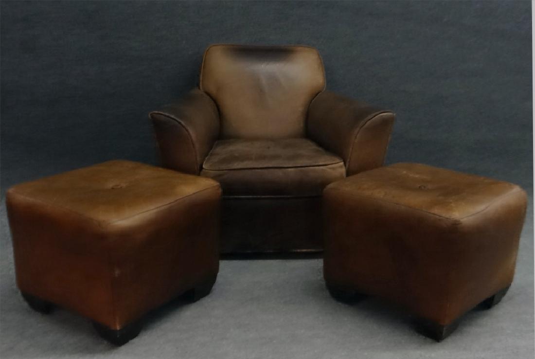 LEATHER CLUB CHAIR W/ TWO LEATHER OTTOMANS (1 of 4)