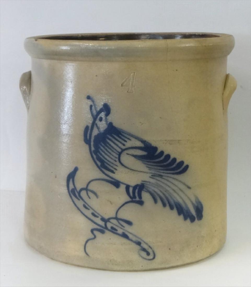 4 GAL. SALT GLAZED CROCK W/ COBALT BIRD DECORATION (1 of 4)