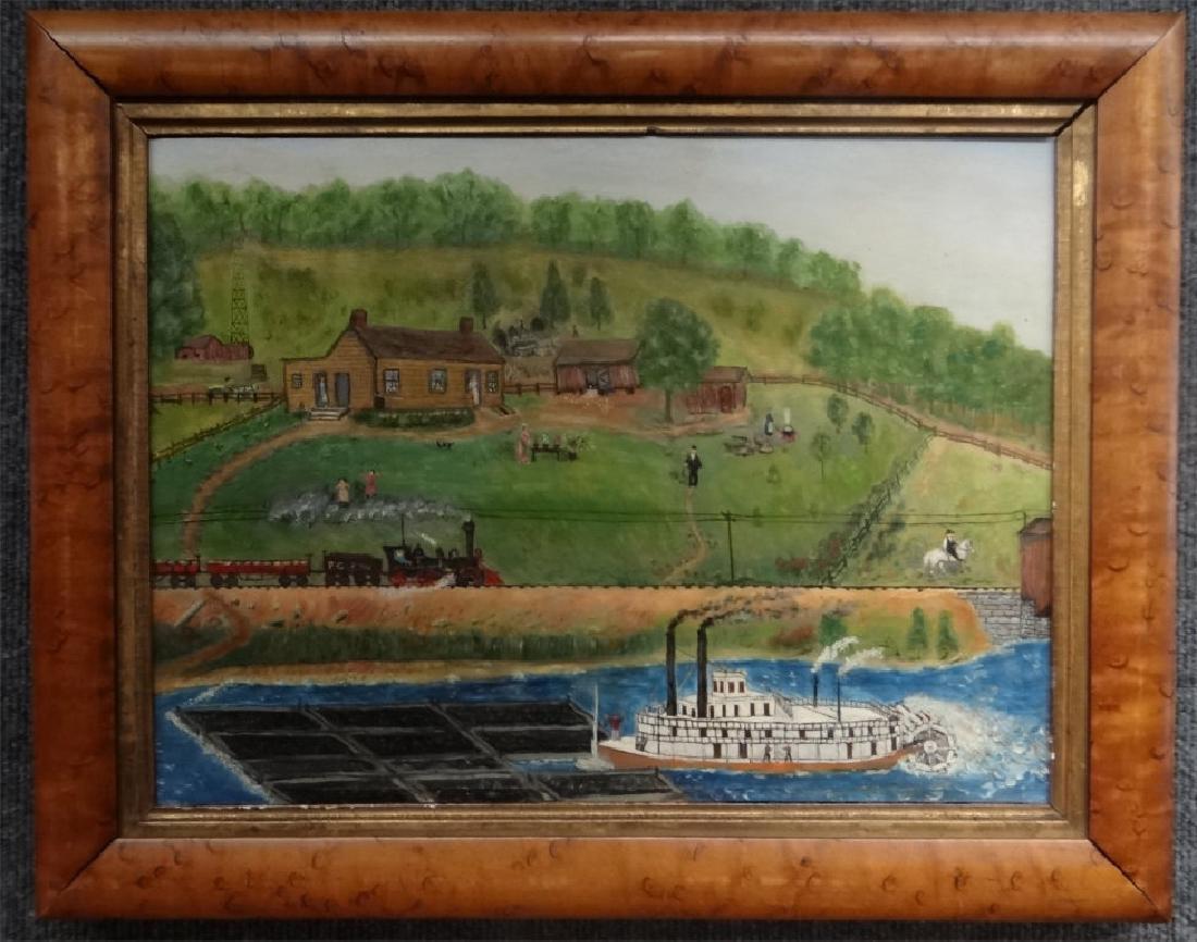 O/MASONITE FOLK ART FARM YARD SCENE W/ TRAIN, (1 of 4)