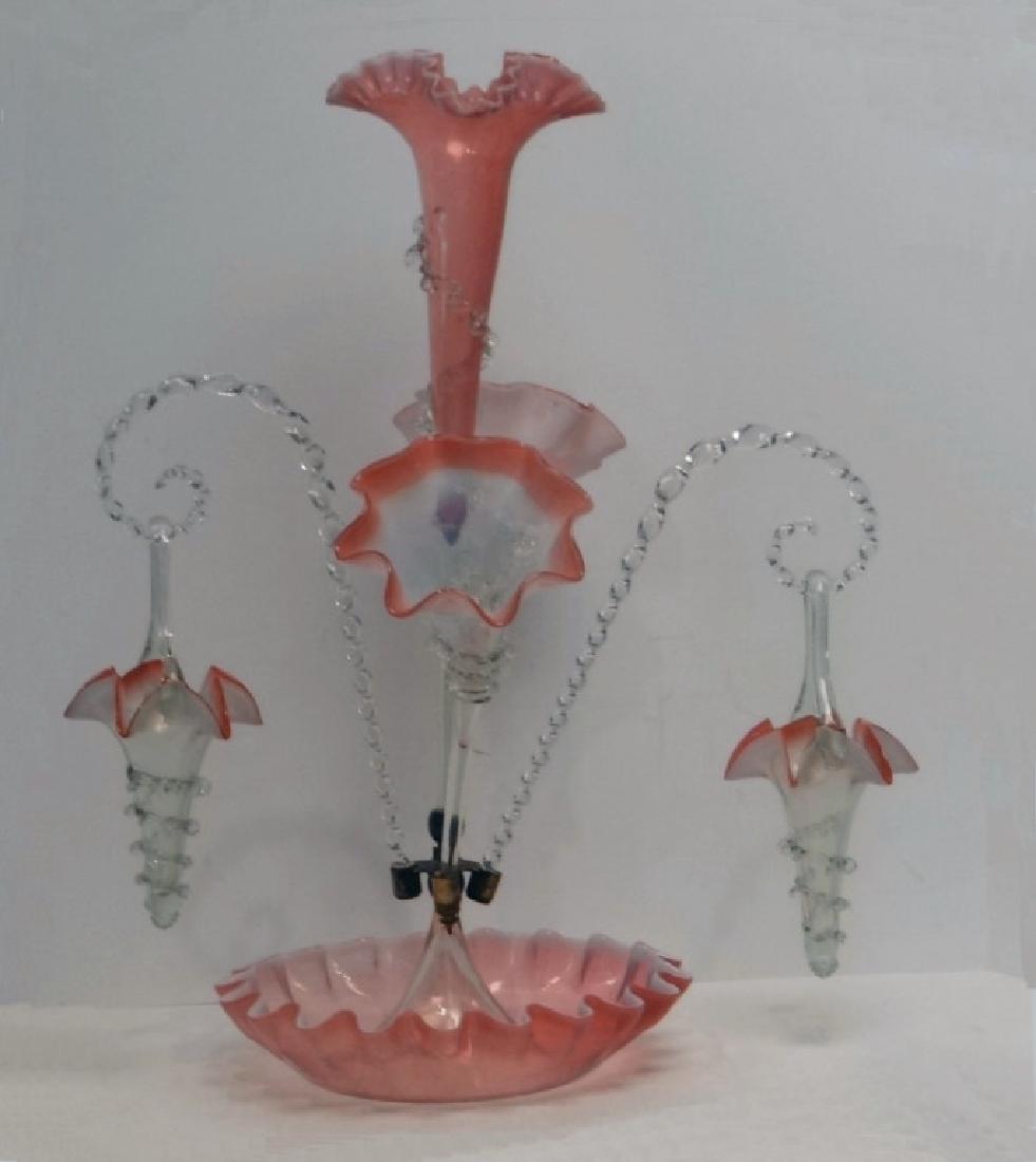 VICTORIAN ART GLASS EPERGNE CRANBERRY, CLEAR &: PALE GREEN 22" TALL X 18" WIDE