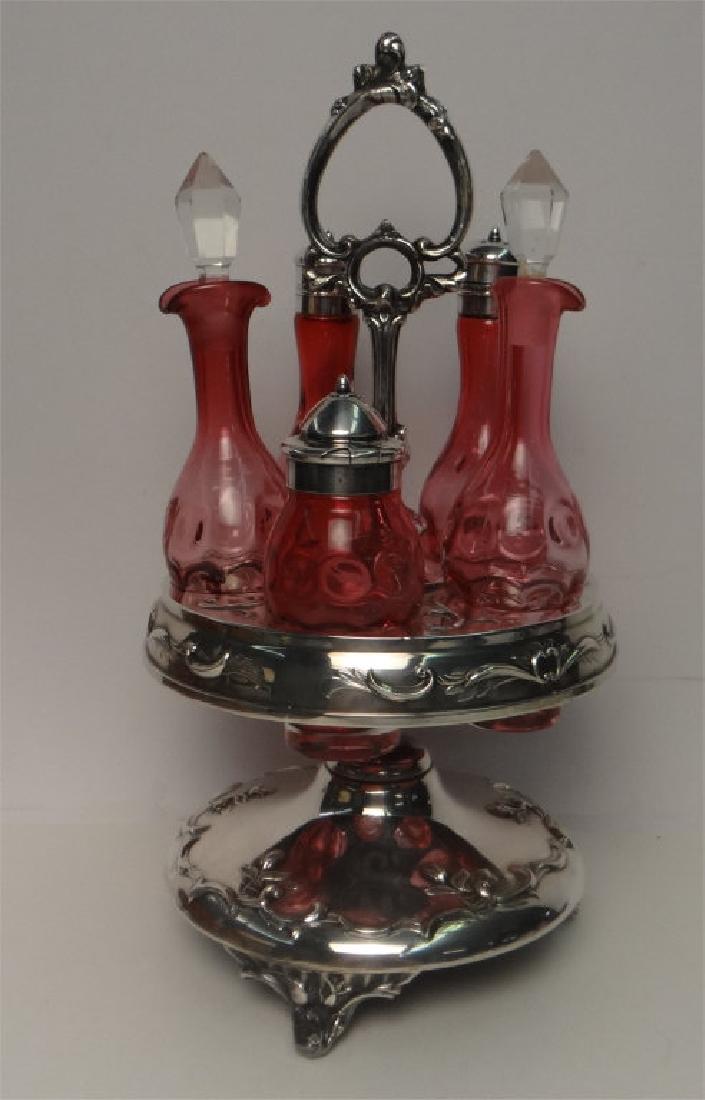 SILVER PLATED CASTOR SET W/ CRANBERRY GLASS (1 of 6)