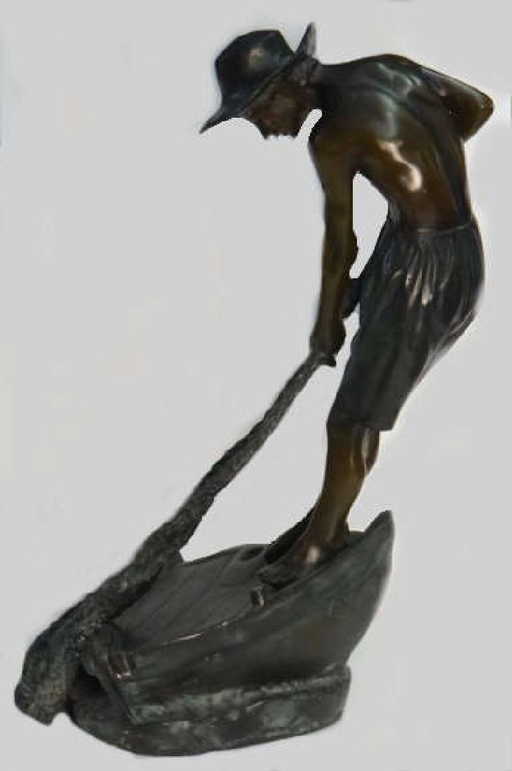 29 Tall Bronze Sgnd L Alliox Fisher Boy Hauling