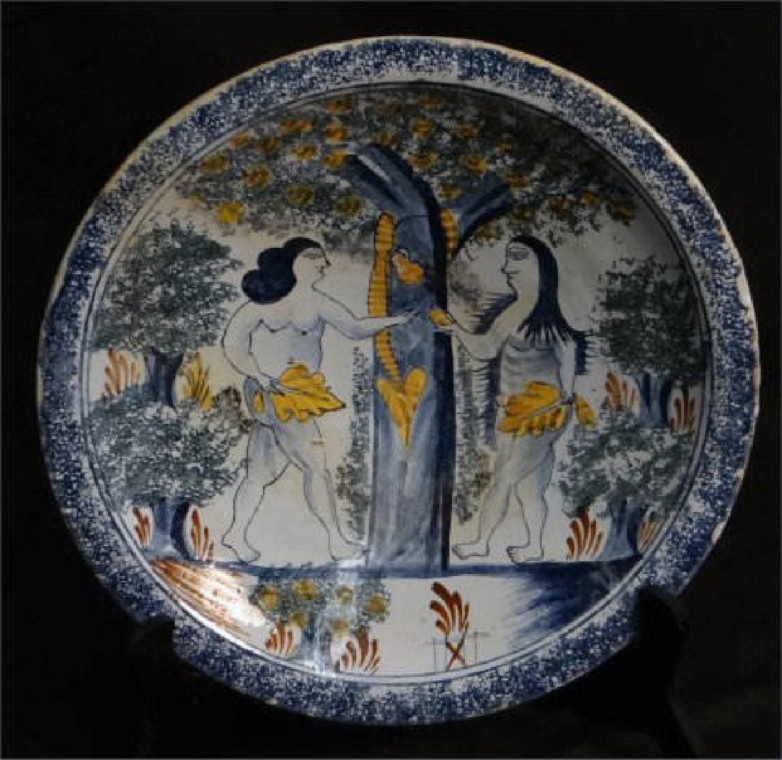 18THC. DELFT ADAM & EVE CHARGER 13 3/8" DIAM , DMG (1 of 8)