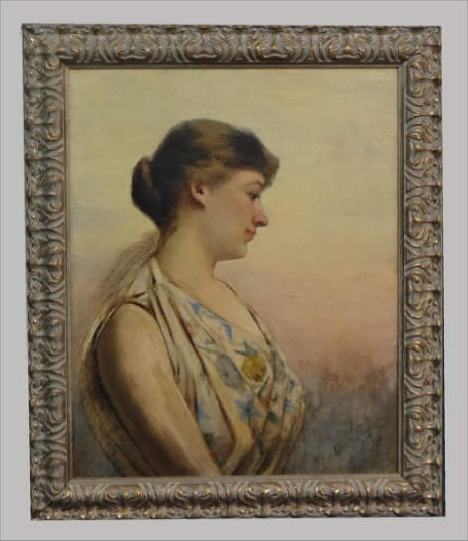 PORTRAIT OF A YOUNG WOMAN SGND ABBOTT H. THAYER: PORTRAIT OF A YOUNG WOMAN SGND ABBOTT H. THAYER 1879, O/C (ABBOTT HANDERSON THAYER 1840 - 1921) 26" X 22"