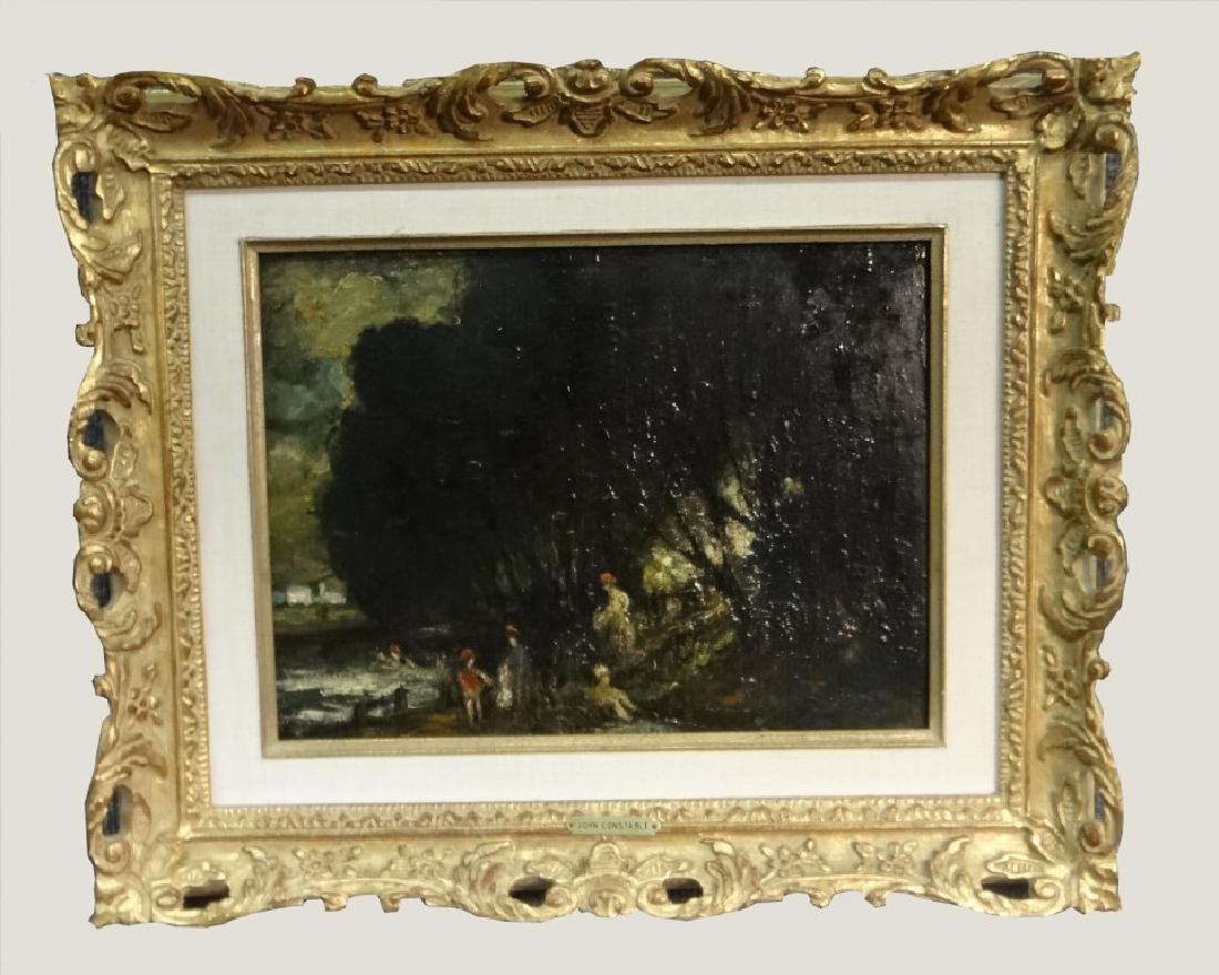 O/P PLEIN AIR LANDSCAPE W/ FIGURES BATHING SGND: IN VERSO J. CONSTABLE FECIT (JOHN CONSTABLE) 10 5/8" X 14 1/4"