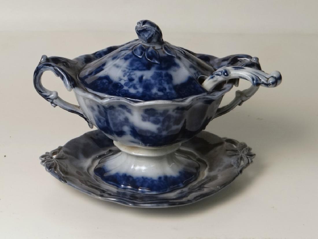 RARE FLOW BLUE SAUCE TURREEN, LADLE & UNDERPLATE (1 of 10)