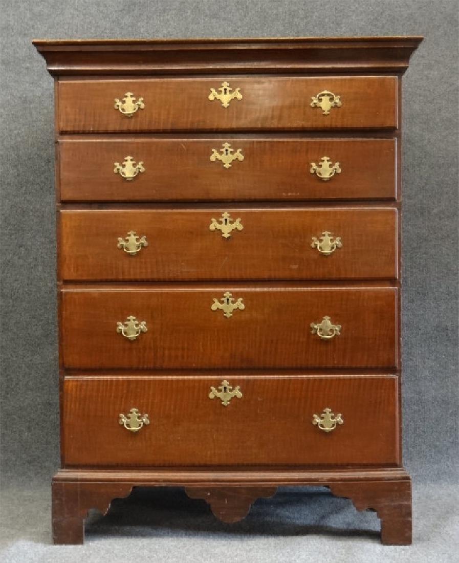 FIGURED MAPLE TALL CHEST W/ BRACKET FEET (1 of 7)