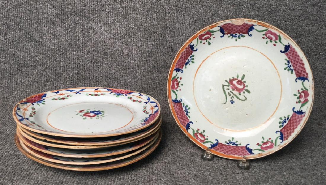 7 - 18THC. CHINESE EXPPORT PORCELAIN DISHES: 6 PLATES & 1 DEEP DISH (MINOR CHIPS)