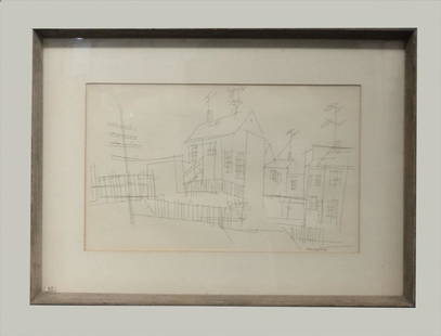 PEN & INK ON PAPER DRAWING BY STANLEY BATE: "RAILROAD ROW" SGND & LABELED IN VERSO (14" X 23 1/2")