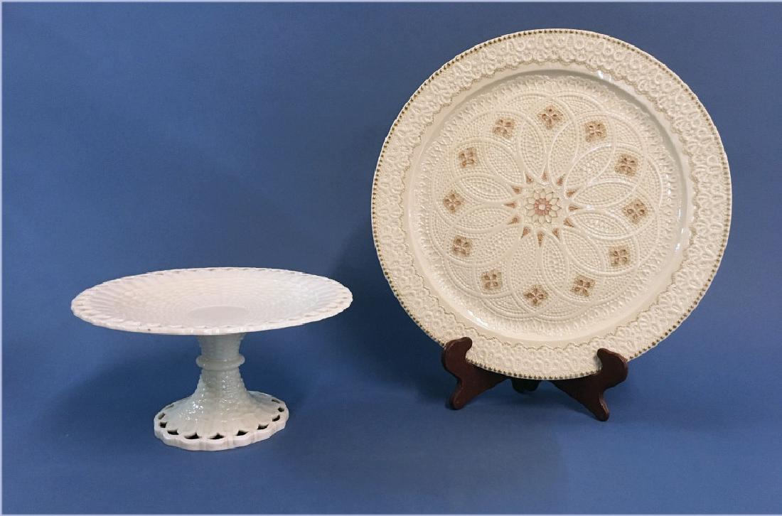 1ST PER. BELLEEK CAKE STAND & RARE LACE TRAY (1 of 10)