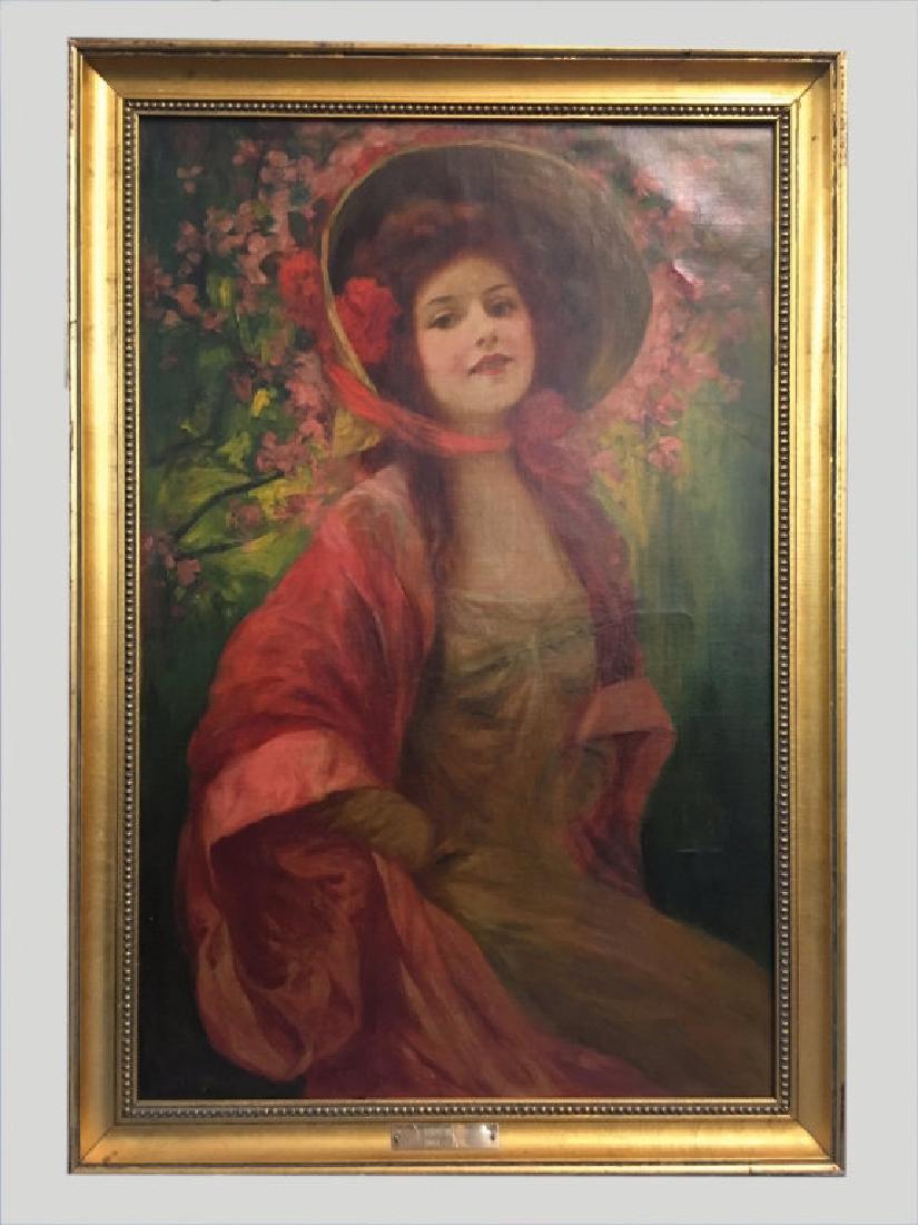 O/C PORTRAIT OF A BEAUTY IN A STRAW BONNET SIGNED: LEON MORAN (1864 - 1941) (29" X 19)