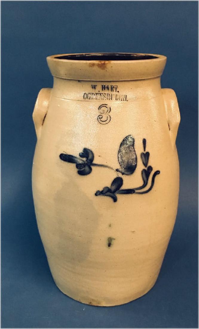 STONEWARE 3 GAL. CHURN BY W. HART, OGDENSBURG (1 of 6)