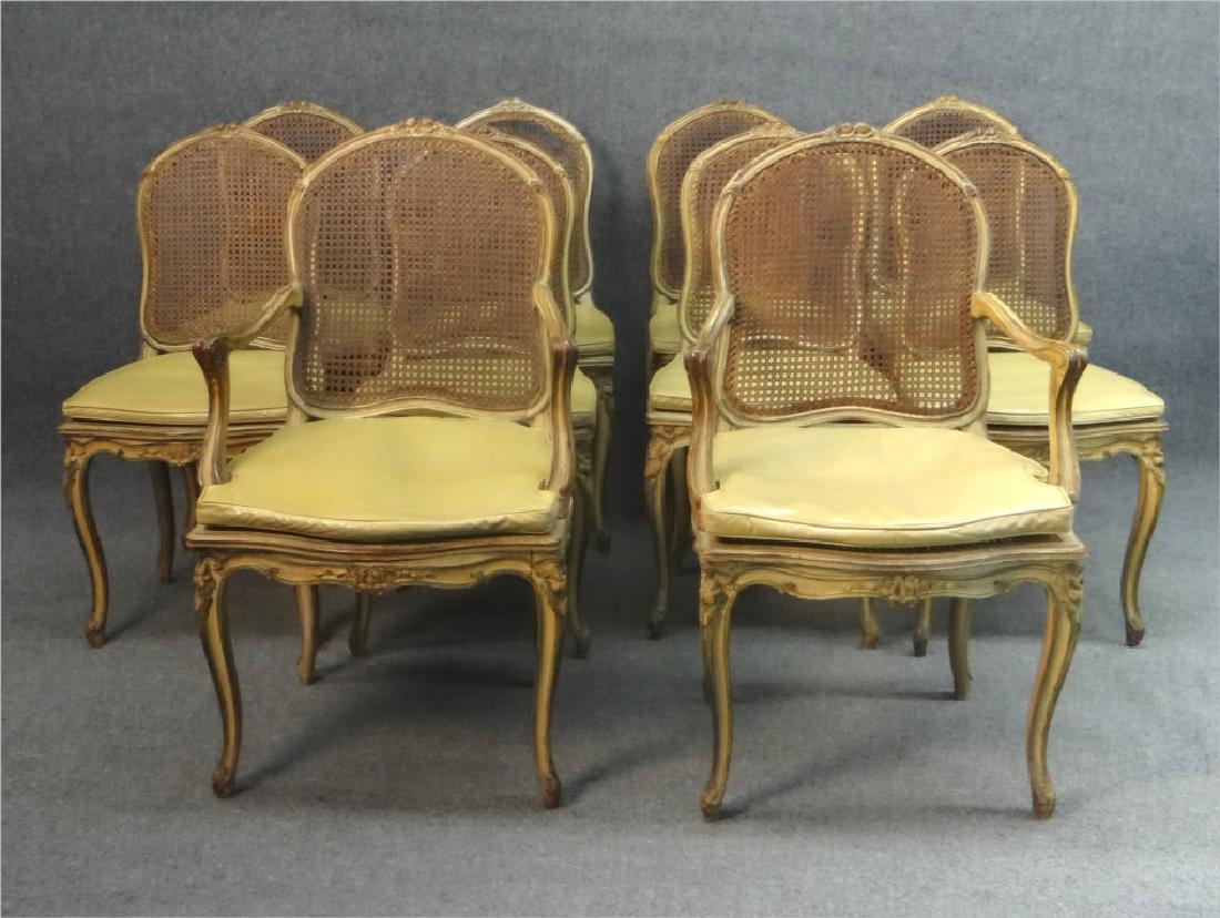 SET OF 10 FRENCH CANED & PTD DINING CHAIRS: 2 ARMS & 8 SIDE CHAIRS (2 W/ CANE DMG)