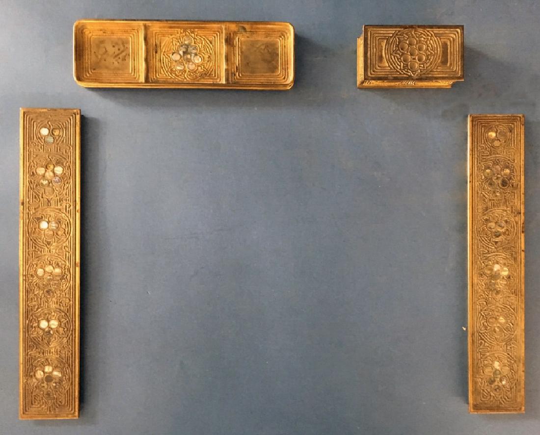 TIFFANY STUDIOS DESK BOX, PEN TRAY & BLOTTER ENDS: BRONZE W/ ABALONE INLAYS, LOSSES
