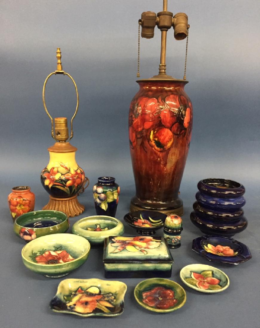 GROUP OF MOORECROFT POTTERY, LIGHTER, BOWLS,: TABLE ARTICLES, LAMP, NESTING BOWLS, ASHTRAY, ETC.