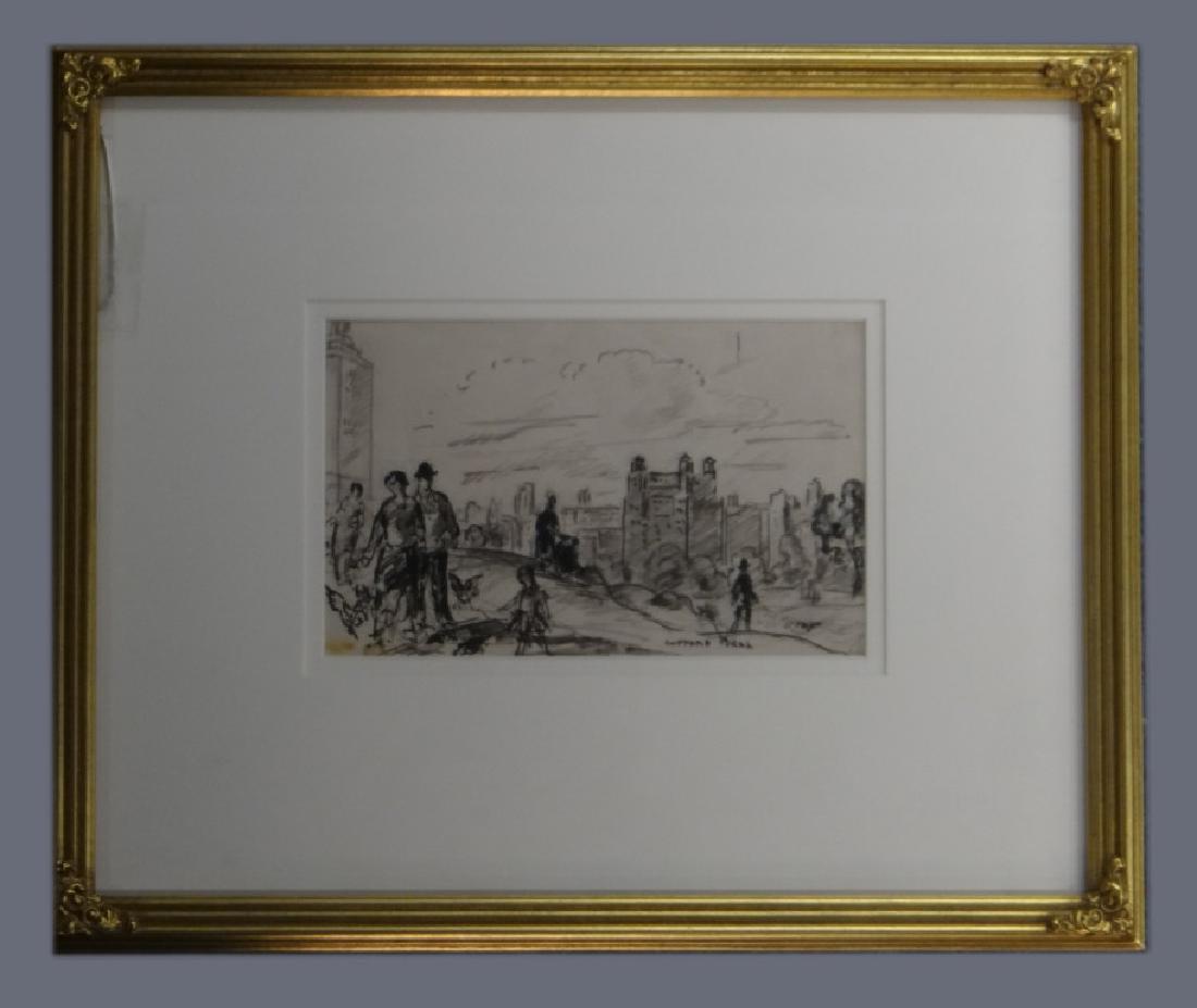 INK & GRAPHITE ON PAPER SGND GIFFORD BEAL: FEEDING PIGEONS, CENTRAL PARK KRAUSHAAR GALLERIES (5" X 8")