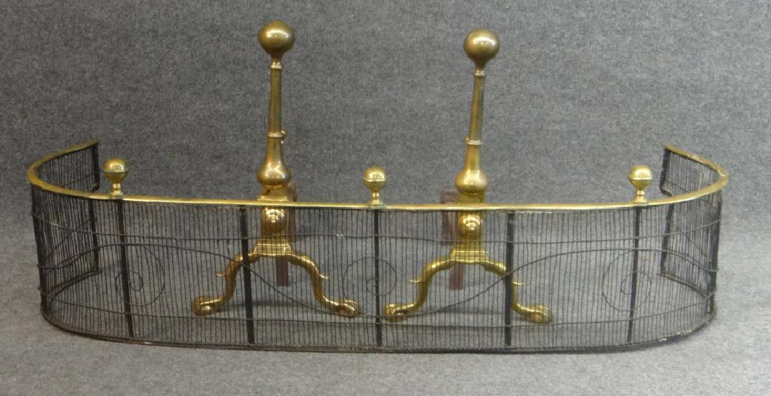 PR OF BELL METAL ANDIRONS & BRASS 44" WIRE FENDER: ANDIRONS 20 1/2" TALL