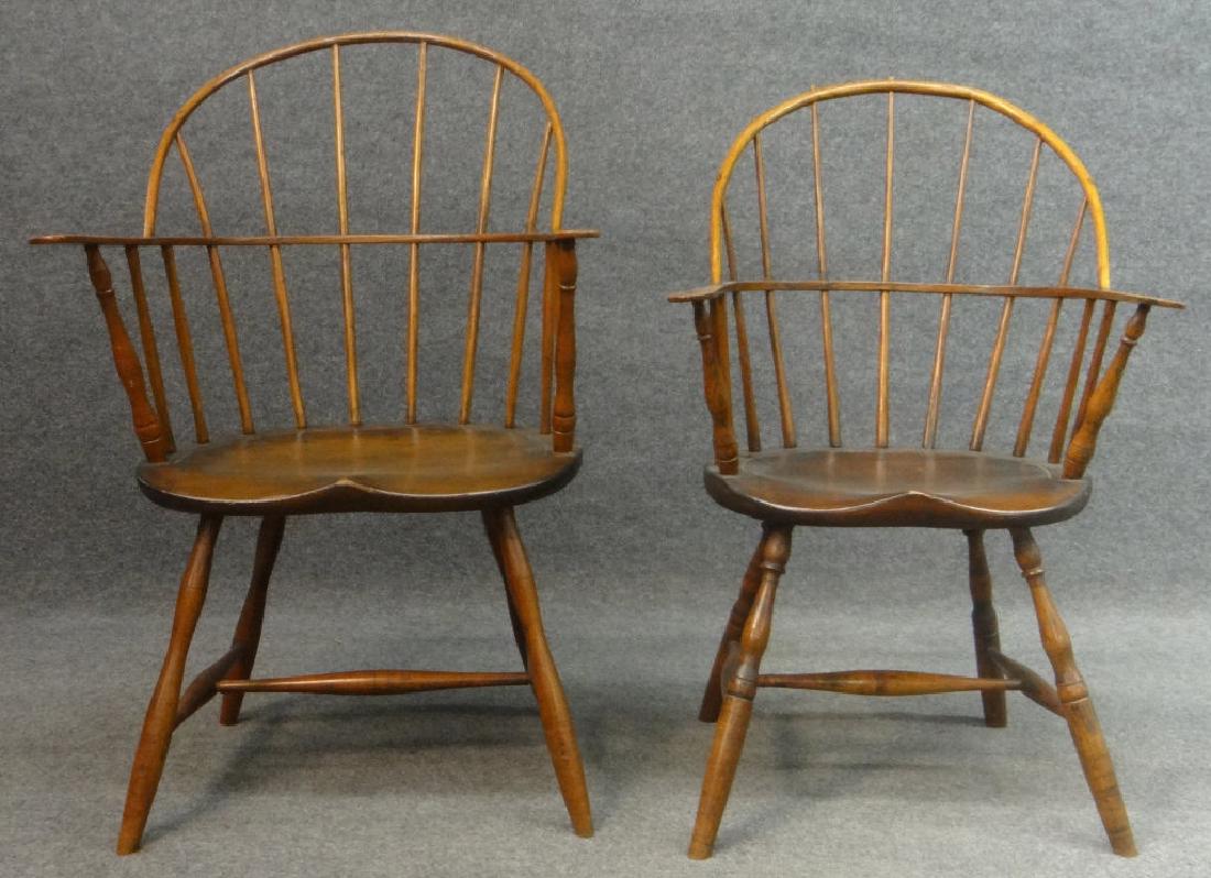 2 BOW BACK WINDSOR ARM CHAIRS, 1 W/ BREAK IN BOW: 2 BOW BACK WINDSOR ARM CHAIRS, 1 W/ BREAK IN BOW