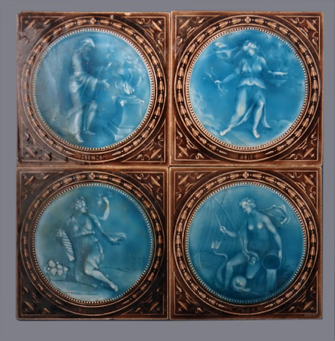 4 MINTON HOLLINS CO. CERAMIC TILES, FIRE, WATER, HIEMS,: 4 MINTON HOLLINS CO. CERAMIC TILES, FIRE, WATER, HIEMS, AUTUMN (STOKE ON TRENT) 6" X 6" EACH