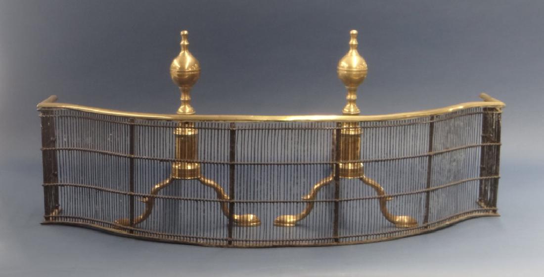 SGND JOHN MOLINEUX ANDIRONS & BRASS & WIRE FENDER: SGND JOHN MOLINEUX ANDIRONS & BRASS & WIRE FENDER IRONS: 14 1/2' TALL - FENDER 34" X 9"