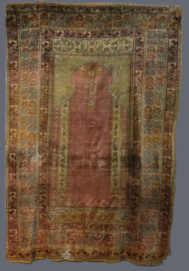 ANTIQUE TURKISH SILK PRAYER RUG "GHEORDEZ" (SPLIT &: ANTIQUE TURKISH SILK PRAYER RUG "GHEORDEZ" (SPLIT & PATCH) (3' 11" X 5' 10")