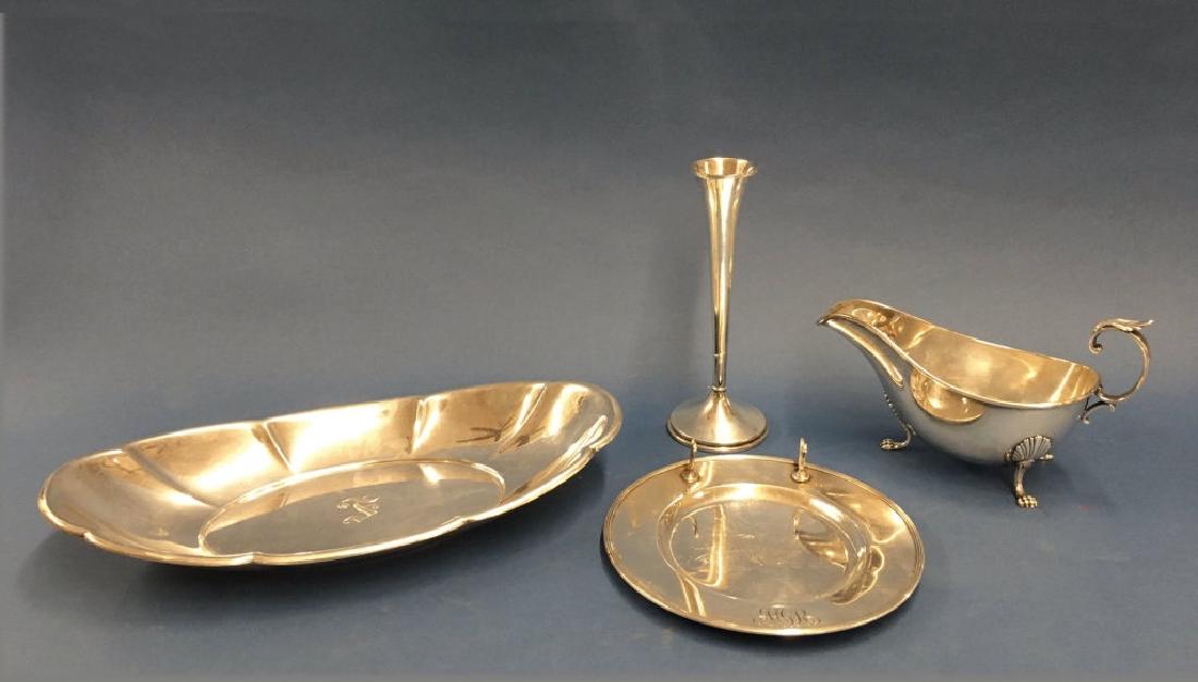 STERLING TABLE ARTICLES INC. SAUCE BOAT, BUTTER PLATE,: STERLING TABLE ARTICLES INC. SAUCE BOAT, BUTTER PLATE, BREAD TRAY & VASE (APPROX. 19 TROY OZ)
