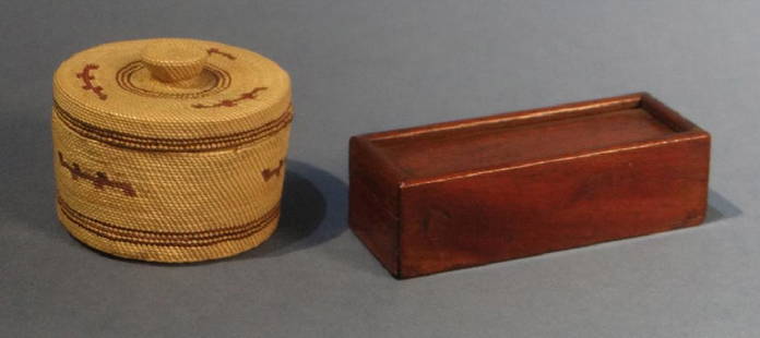 MINIATURE NW COAST LIDDED BASKET & MINI DOMINOES BASKET: MINIATURE NW COAST LIDDED BASKET & MINI DOMINOES BASKET 1 1/2" DIAMETER