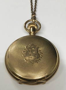 14KT GOLD WALTHAM HUNTING CASE VEST POCKET WATCH W/: 14KT GOLD WALTHAM HUNTING CASE VEST POCKET WATCH W/ GOLD FILLED SLIDE CHAIN