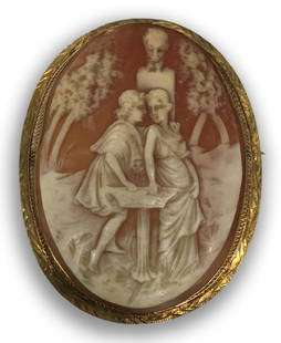 CLASSICAL SHELL CARVED CAMEO PIN IN GOLD FILLED FRAME: CLASSICAL SHELL CARVED CAMEO PIN IN GOLD FILLED FRAME (2 1/2" LONG)