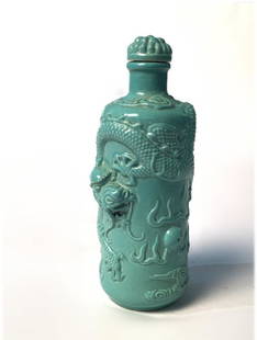 CHINESE QING TURQUOISE GLAZED CERAMIC SNUFF BOTTLE OF 5: CHINESE QING TURQUOISE GLAZED CERAMIC SNUFF BOTTLE OF 5 CLAW DRAGON, MARKED UNDER GLAZE, 3" T