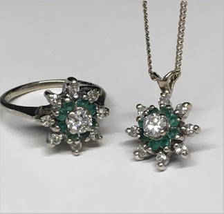 DIAMOND & EMERALD STAR RING & PENDANT ON CHAIN: DIAMOND & EMERALD STAR RING & PENDANT ON CHAIN APPROX.3.6 DWT