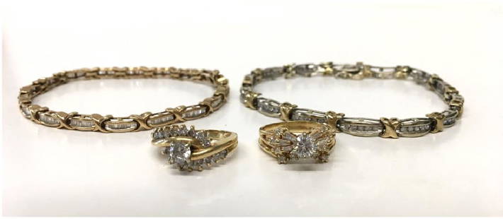 2 DIAMOND BRACELETS & 2 DIAMOND RINGS 1 BRACELET: 2 DIAMOND BRACELETS & 2 DIAMOND RINGS 1 BRACELET MARKED 14K & 1 UNMARKED, BOTH RINGS 14K (APPROX. 19.9 DWT)