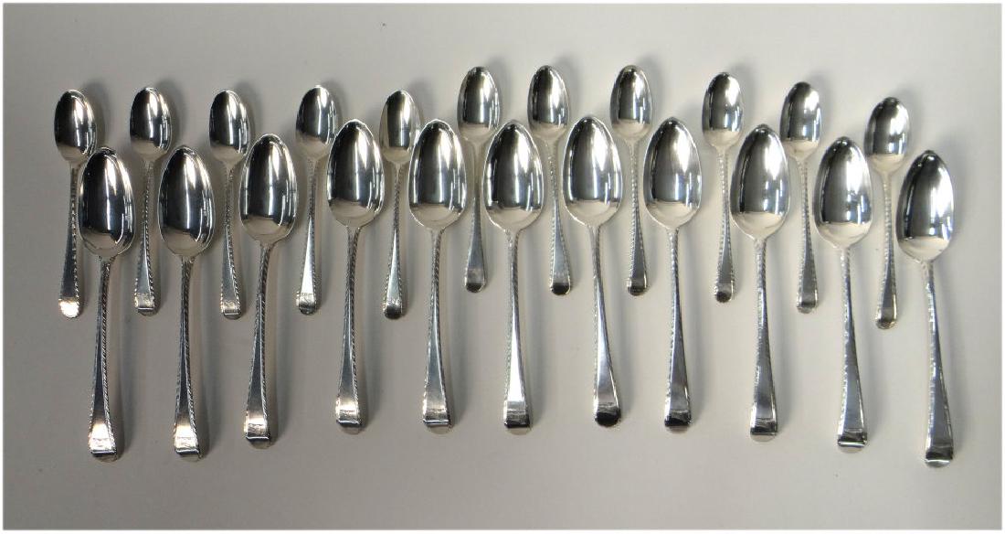 11 FEATHER EDGE TEASPOONS & 11 DESSERT SPOONS, 1774 BY: 11 FEATHER EDGE TEASPOONS & 11 DESSERT SPOONS, 1774 BY HESTER BATEMAN, LONDON APPROX. 17.39 TROY OZ