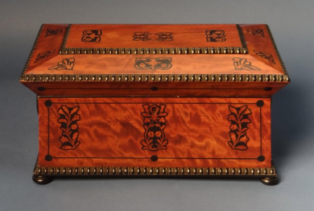 SATINWOOD TEA CADDY W/ EBONY INLAYS (13" W X 7" D X 7: SATINWOOD TEA CADDY W/ EBONY INLAYS (13" W X 7" D X 7 1/2'" TALL)