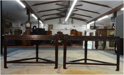 2 19THC. CHINESE TRIANGLE SHAPED TABLES: 2 19THC. CHINESE TRIANGLE SHAPED CORNER TABLES W/ CARVED FRIEZE (33 1/2\" TALL X 53 1/2\" WIDE X 26 3/4\" DEEP)
