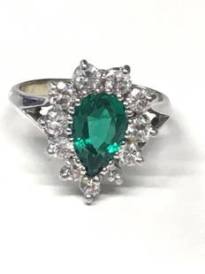 14KT WH GOLD, PEAR SHAPED EMERALD & DIAMOND RING: 14KT WH GOLD, PEAR SHAPED EMERALD & DIAMOND RING (EMERALD APPROX. 1.29 CARATS) 11 FULL CUT DIAMONDS = .49 CTW