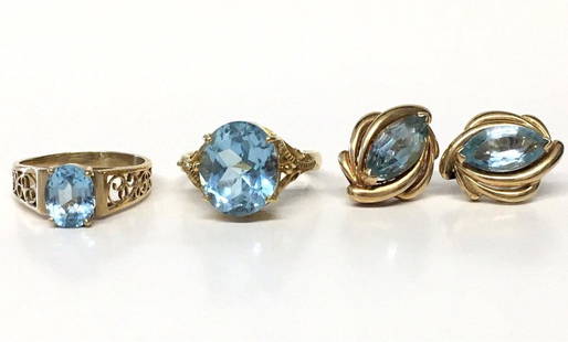 2 BLUE TOPAZ RINGS & PR OF BLUE TOPAZ EARRINGS 6.5: 2 BLUE TOPAZ RINGS & PR OF BLUE TOPAZ EARRINGS 6.5 CARAT IN 18KT YELLOW GOLD, OTHER IN 14KT