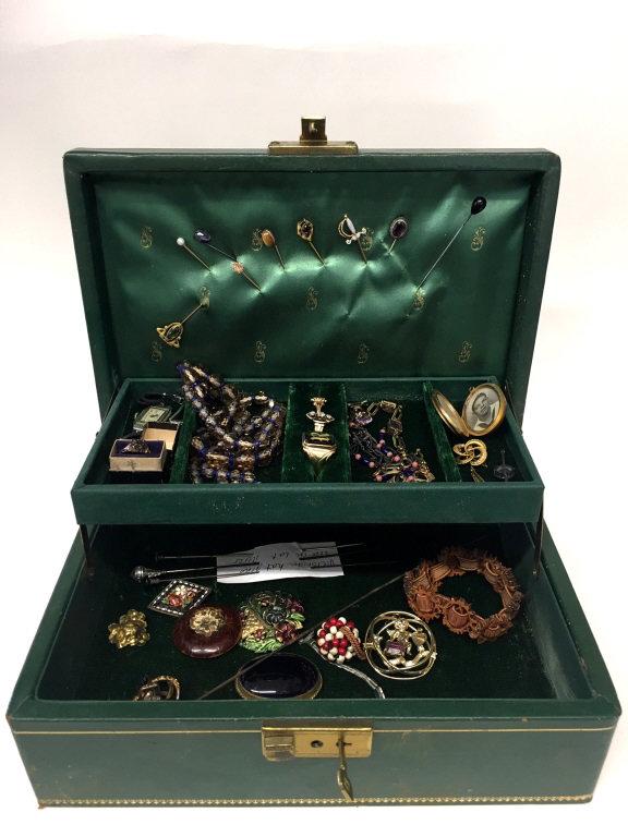 JEWELRY BOX & CONTENTS, VICTORIAN LOCKET, DIAMOND RING,: JEWELRY BOX & CONTENTS, VICTORIAN LOCKET, DIAMOND RING, STICK PINS, CRYSTALS, ETC.
