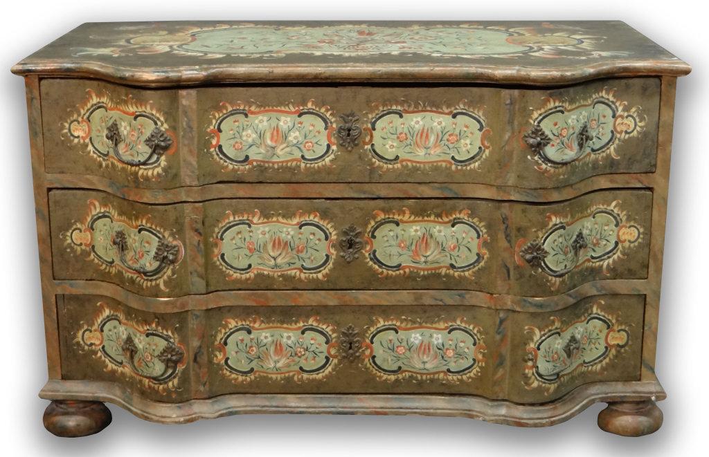 CONTINENTAL PAINT DECORATED 3 DRAWER COMMODE (31" TALL: CONTINENTAL PAINT DECORATED 3 DRAWER COMMODE (31" TALL X 448" WIDE X 29" DEEP)