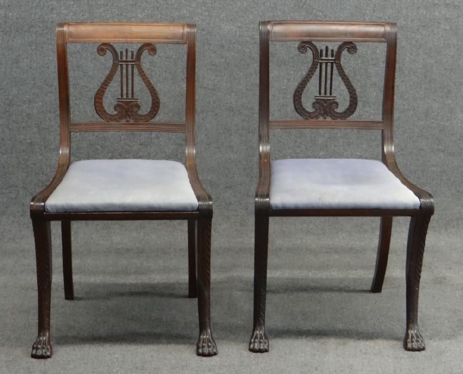 PR OF C. 1815 NY CLASSICAL CHAIRS, LYRE BACKS & PAW: PR OF C. 1815 NY CLASSICAL CHAIRS, LYRE BACKS & PAW FEET, SCHOOL OF DUNCAN PHYFE, PROV. CHRISTIES, 1994