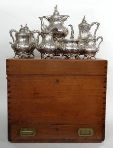 GORHAM 1854 COIN & STERLING TEA & COFFEE SERVICE IN