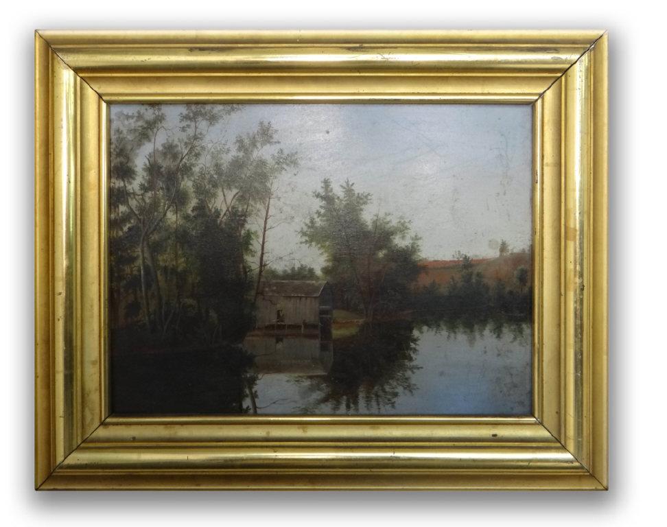 "ON THE MILL POND"ATTRIB. TO NELSON AUGUSTUS MOORE: "ON THE MILL POND"ATTRIB. TO NELSON AUGUSTUS MOORE O/PANEL (11 3/4" X 16")