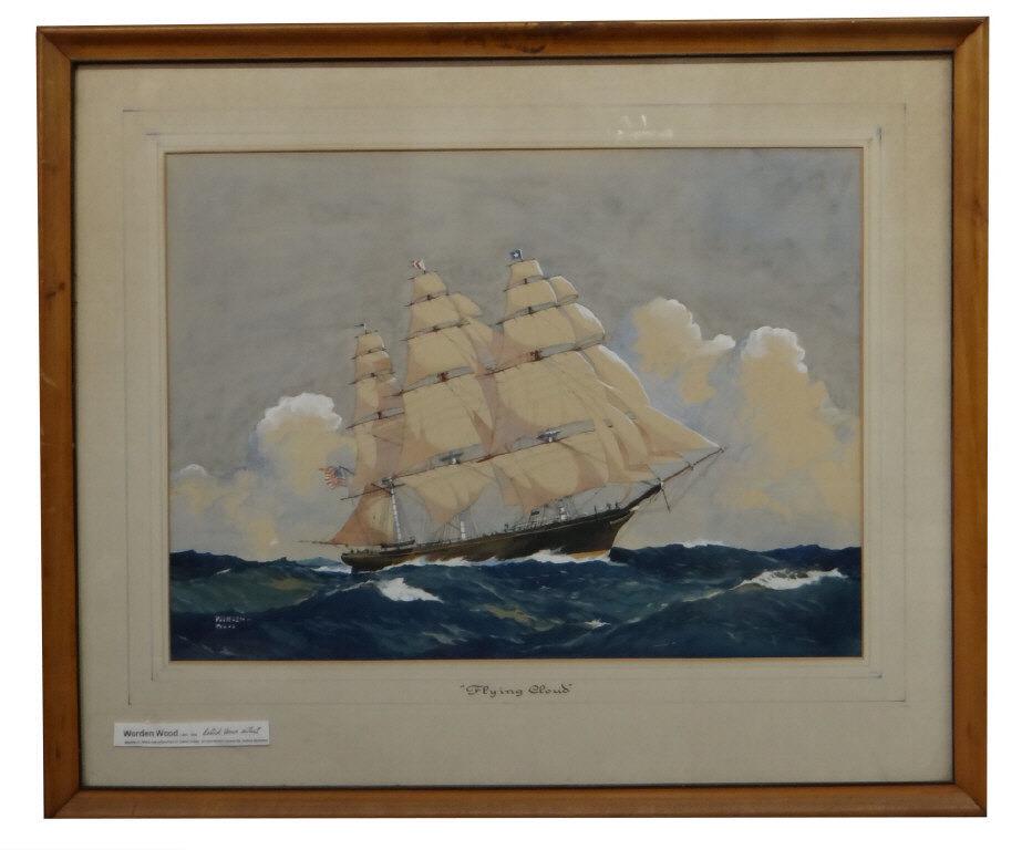 WORDEN WOOD, AMER. EARLY 20THC. "CLIPPER SHIP, FLYING: WORDEN WOOD, AMER. EARLY 20THC. "CLIPPER SHIP, FLYING CLOUD" GOUACHE (SITE SIZE 13 3/4" X 18 1/2" )
